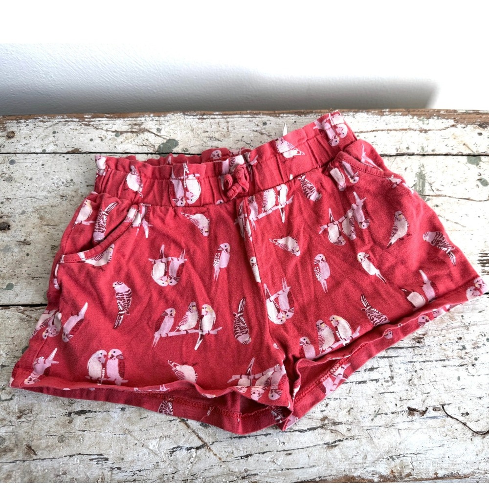 HM Girls Red Parakeet Bird Print Cotton Paperbag Shorts‎ Size 6-8Y
